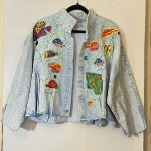 Vtg Torpedo International Aquatic Fish Design Denim Jacket